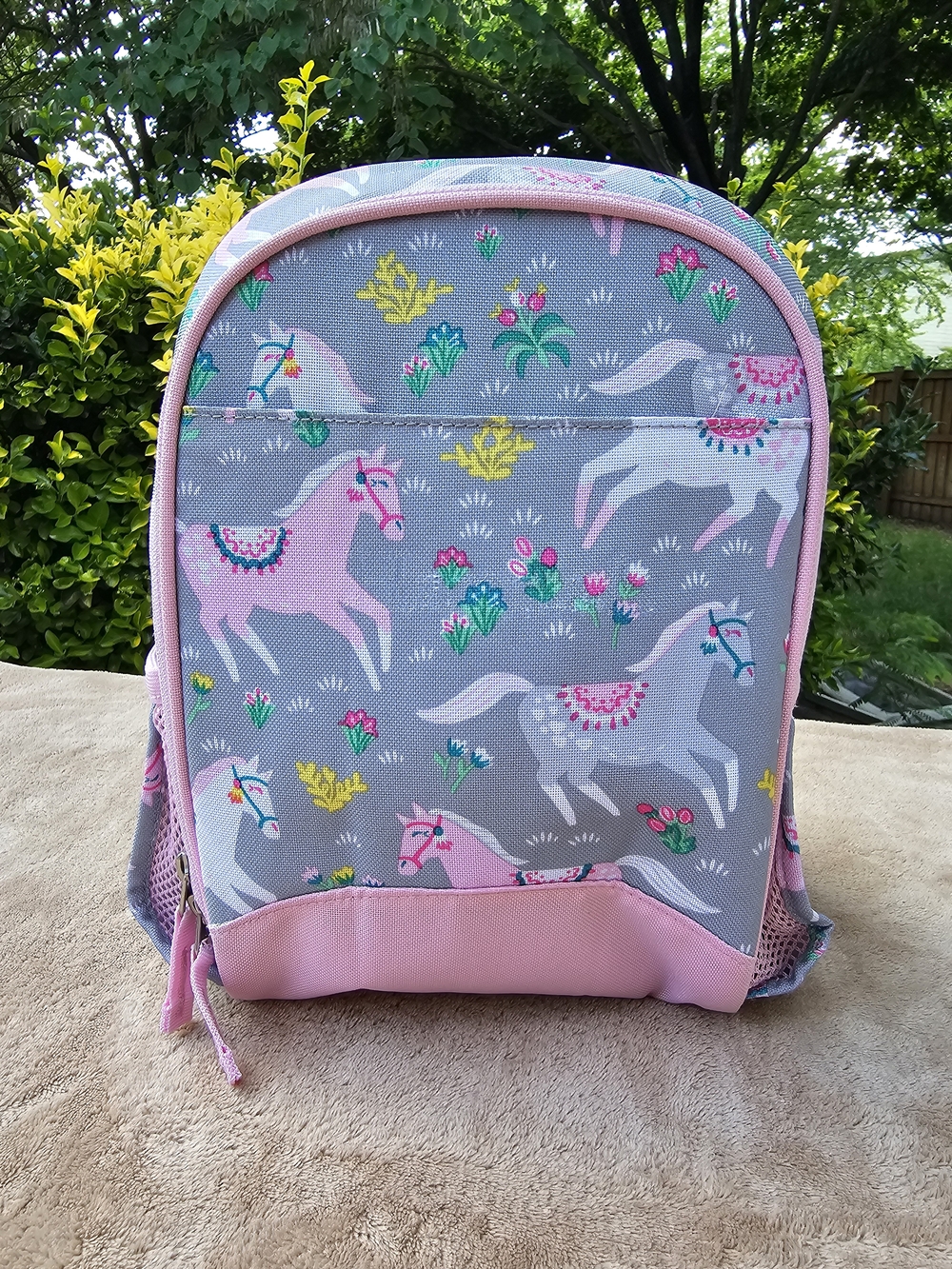 Pottery Barn Kids Gray and Pink Horse Print Mini Backpack